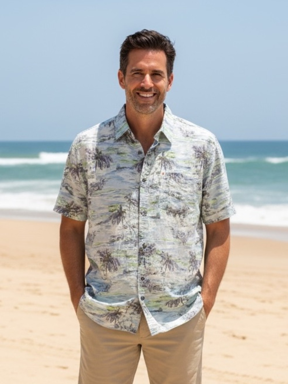 32 Bar Blues XL Men's Short-Sleeve Palm Print Shirt - Light Green/Gray